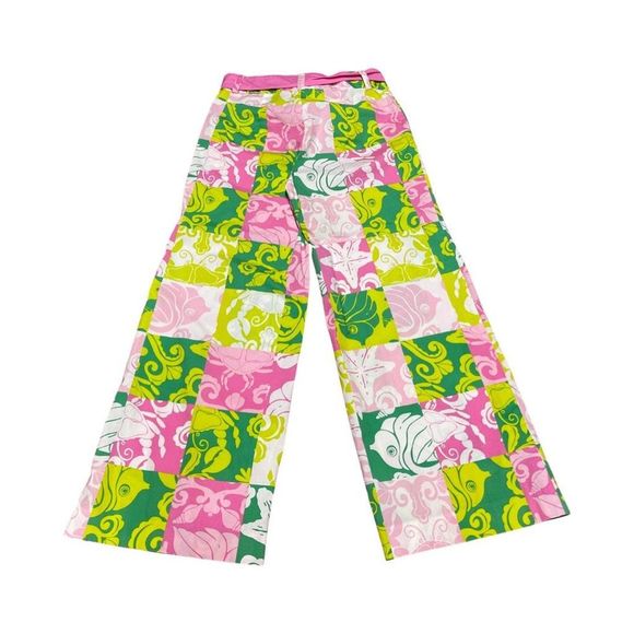 Lilly Pulitzer Womens Size 8 Wide Leg Pink & Green Paradise Patch Cotton Pants - Picture 2 of 5